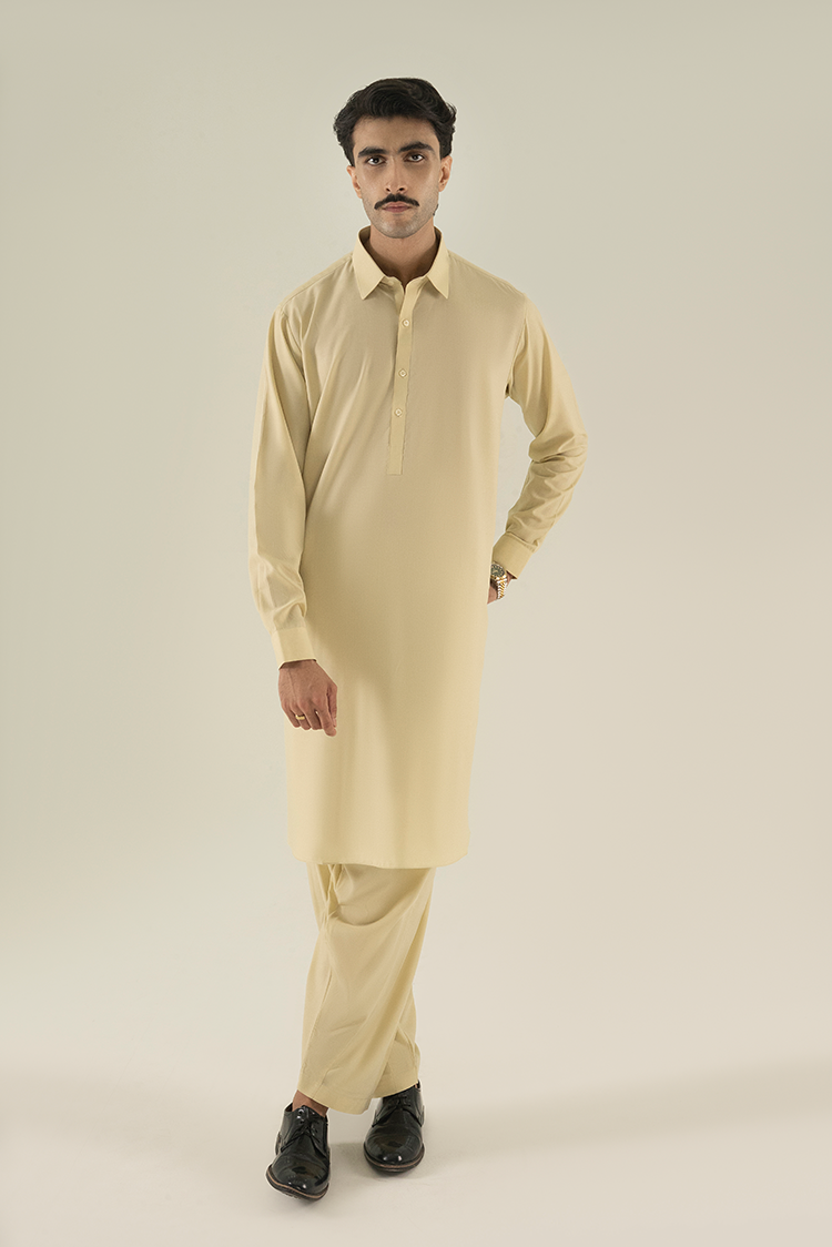 Wash & Wear | Cream Collar Kameez Shalwar