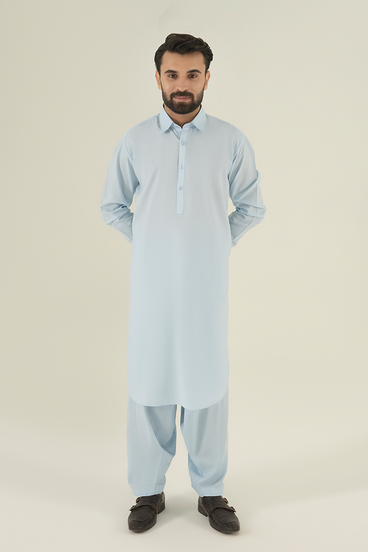 Wash & Wear | Sky Blue Collar Kameez Shalwar