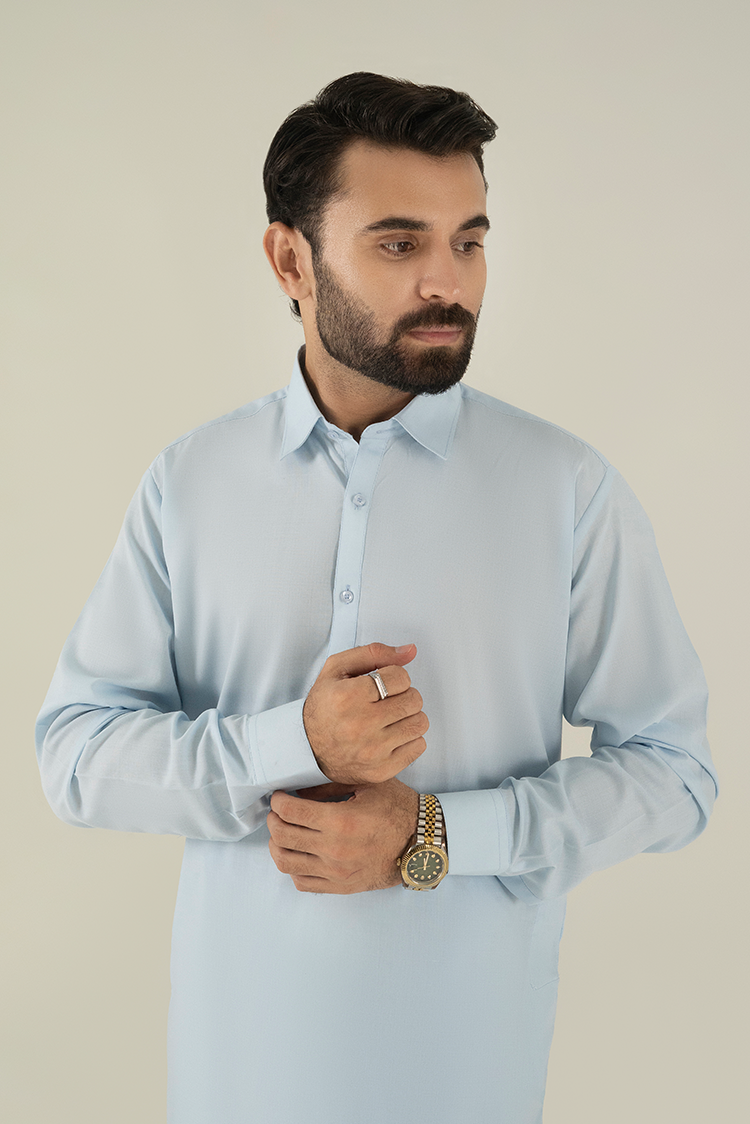 Wash & Wear | Sky Blue Collar Kameez Shalwar