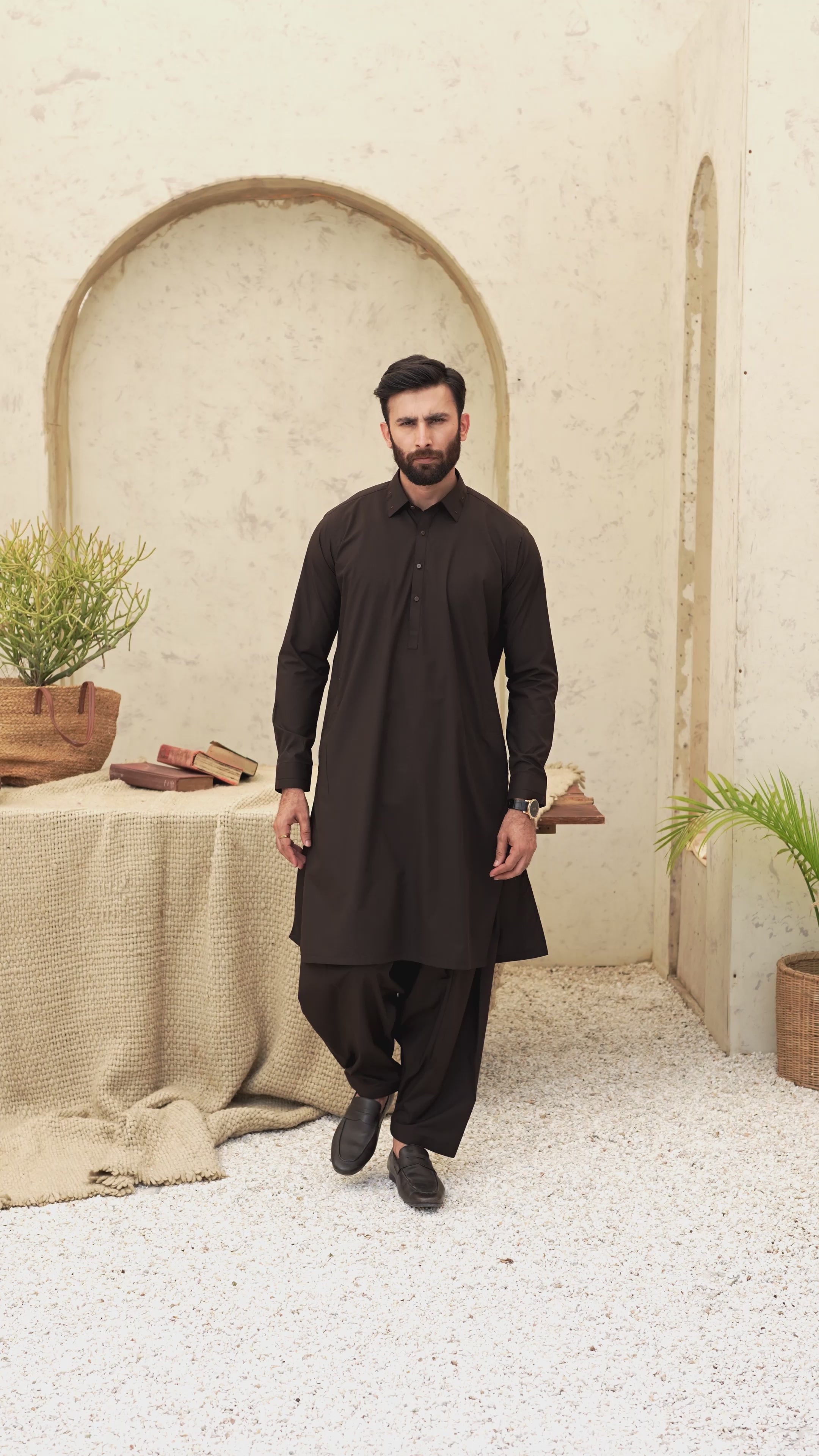 Wash & Wear | Dark Brown Collar Shalwar Kameez