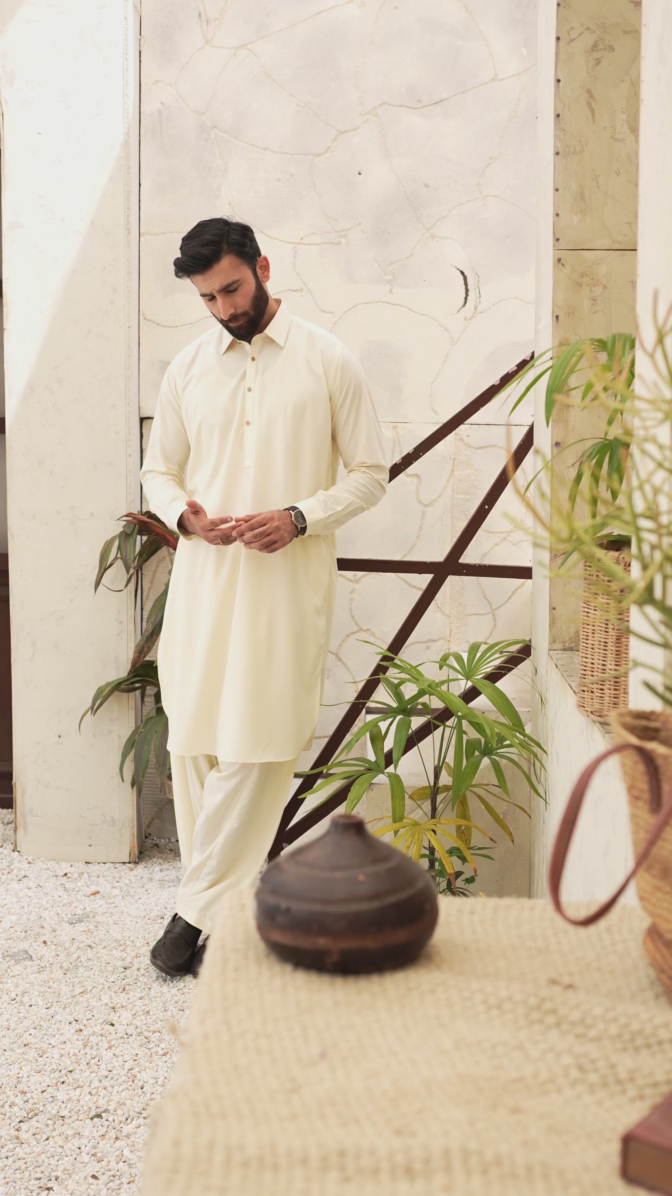 Wash & Wear | Cream Collar Shalwar Kameez